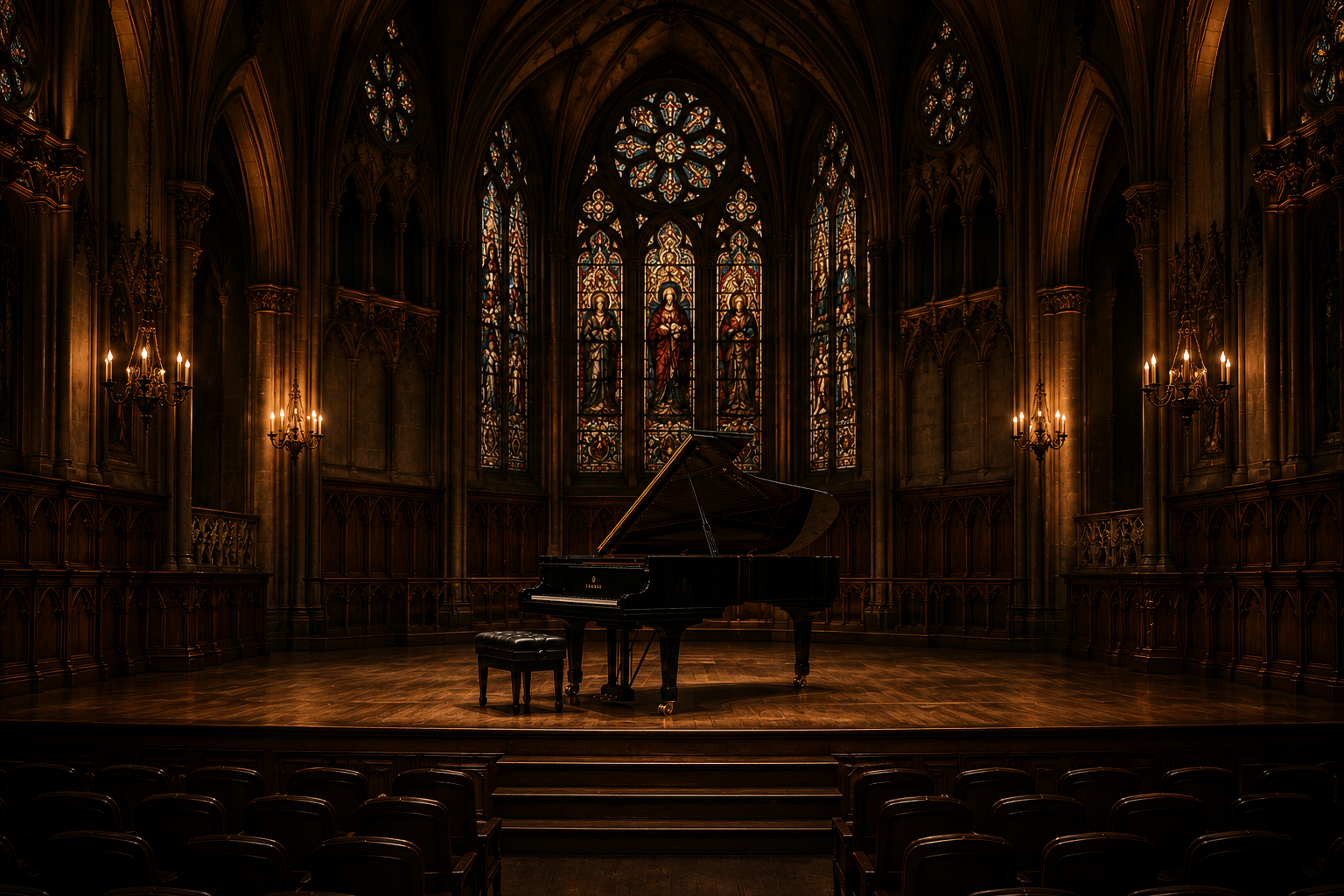Grand piano on a warmly lit concert stage