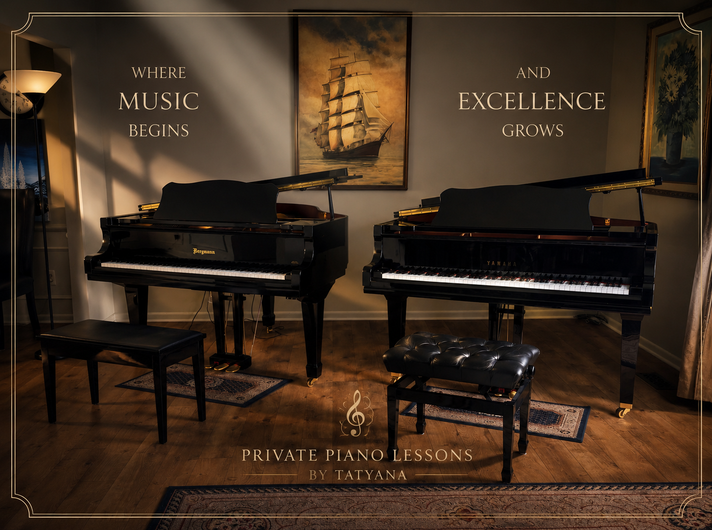 Piano lesson studio with two grand pianos